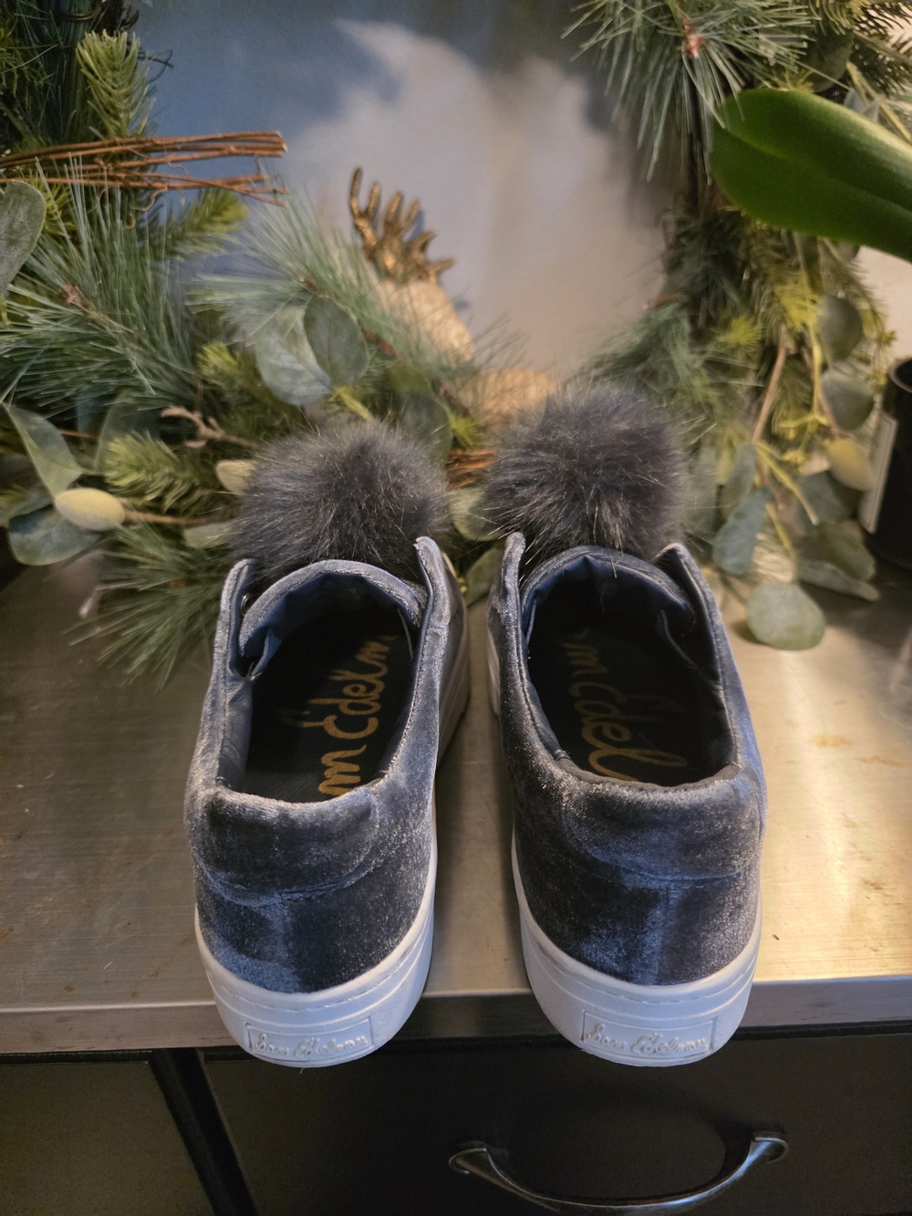 Sam Edelman Gray Velvet Pom Pom Slip-On Sneakers